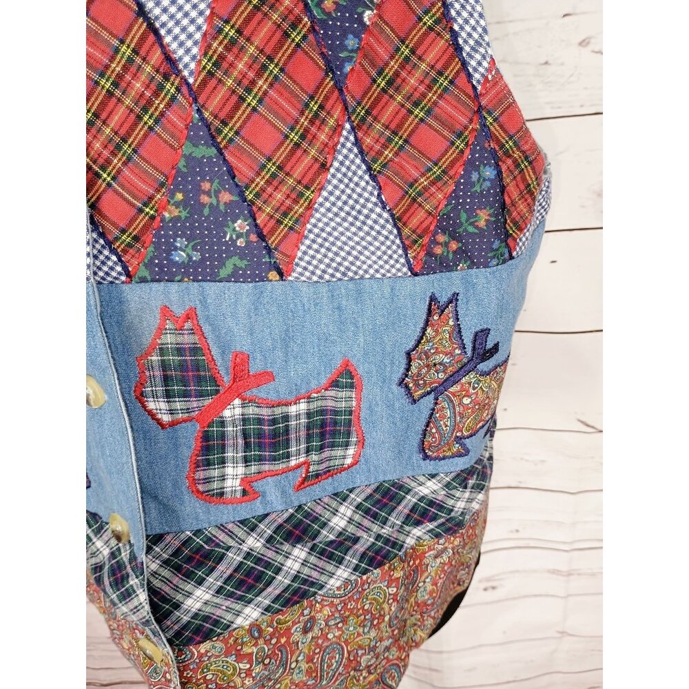 1990s Casey & Max Patchwork Denim Schnauzer Plaid… - image 4